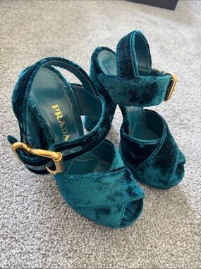Prada Teal Velvet Platform Heels with Gold Buckles